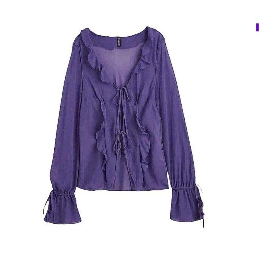 Boho Ruffles Flounce Trimmed Chiffon Blouse Purple Size Large